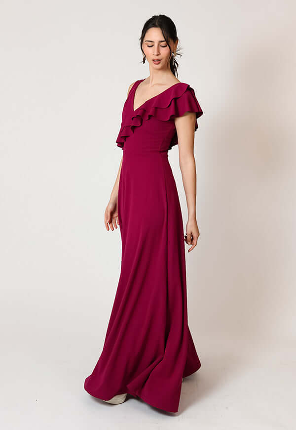 Vestido Julianna Magenta Vuelos Natalia Seguel, detalle de tela (3) – diseño chileno de autor, Natalia Seguel