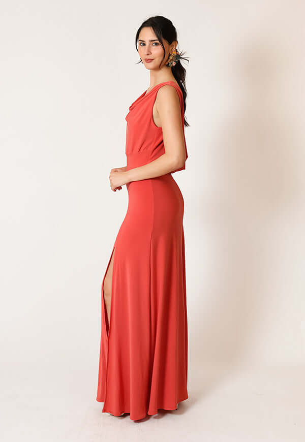 Vestido Drapeado Tajo Coral Natalia Seguel, lookbook – diseño chileno de autor, Natalia Seguel