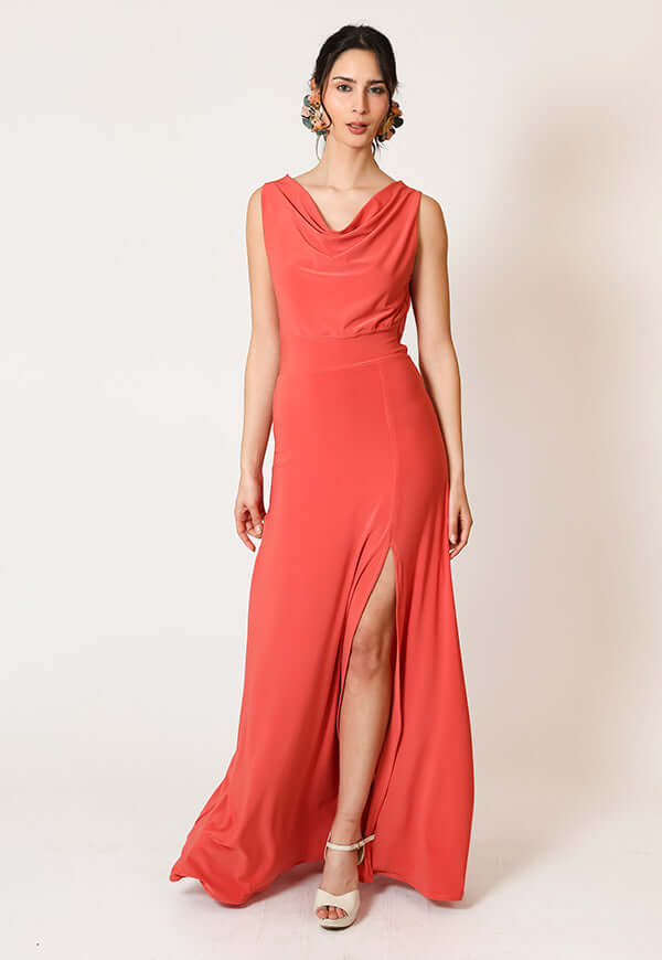 Vestido Drapeado Tajo Coral Natalia Seguel, detalle de tela (2) – diseño chileno de autor, Natalia Seguel