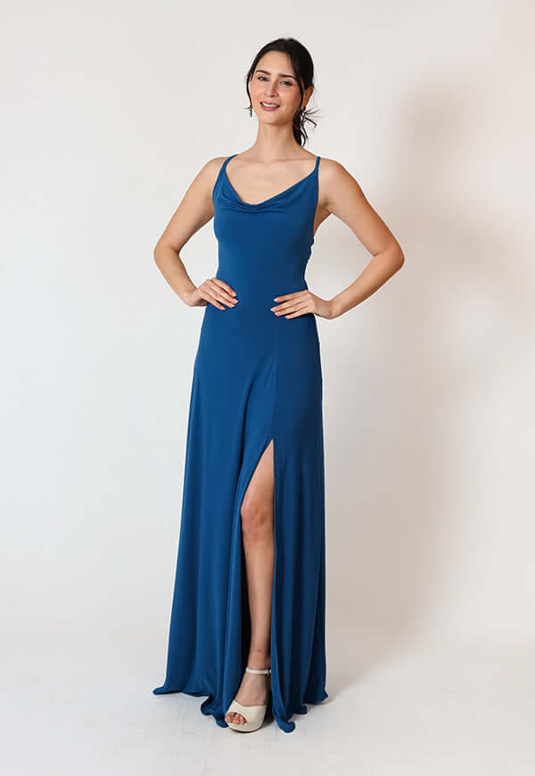 Vestido Zara Drapeado Tajo Azul Piedra Natalia Seguel, lateral – diseño chileno de autor, Natalia Seguel