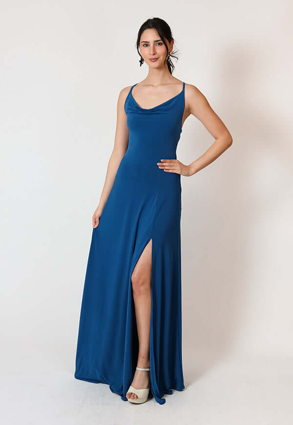 Vestido Zara Drapeado Tajo Azul Piedra Natalia Seguel, espalda – diseño chileno de autor, Natalia Seguel