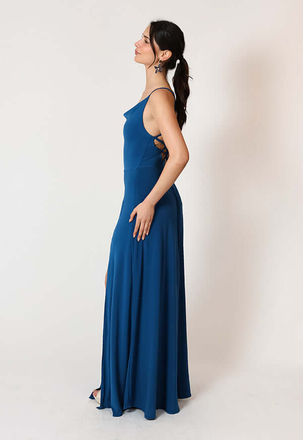 Vestido Zara Drapeado Tajo Azul Piedra Natalia Seguel, lookbook – diseño chileno de autor, Natalia Seguel