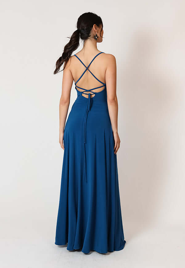 Vestido Zara Drapeado Tajo Azul Piedra Natalia Seguel, frente – diseño chileno de autor, Natalia Seguel