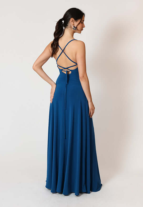 Vestido Zara Drapeado Tajo Azul Piedra Natalia Seguel, lateral (2) – diseño chileno de autor, Natalia Seguel