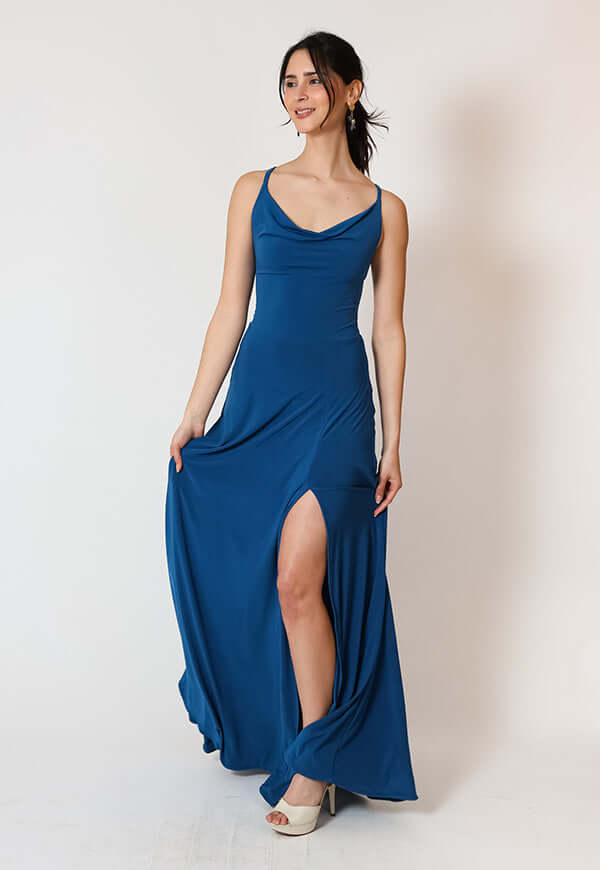 Vestido Zara Drapeado Tajo Azul Piedra Natalia Seguel, percha (2) – diseño chileno de autor, Natalia Seguel