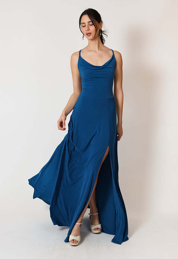 Vestido Zara Drapeado Tajo Azul Piedra Natalia Seguel, frente (2) – diseño chileno de autor, Natalia Seguel