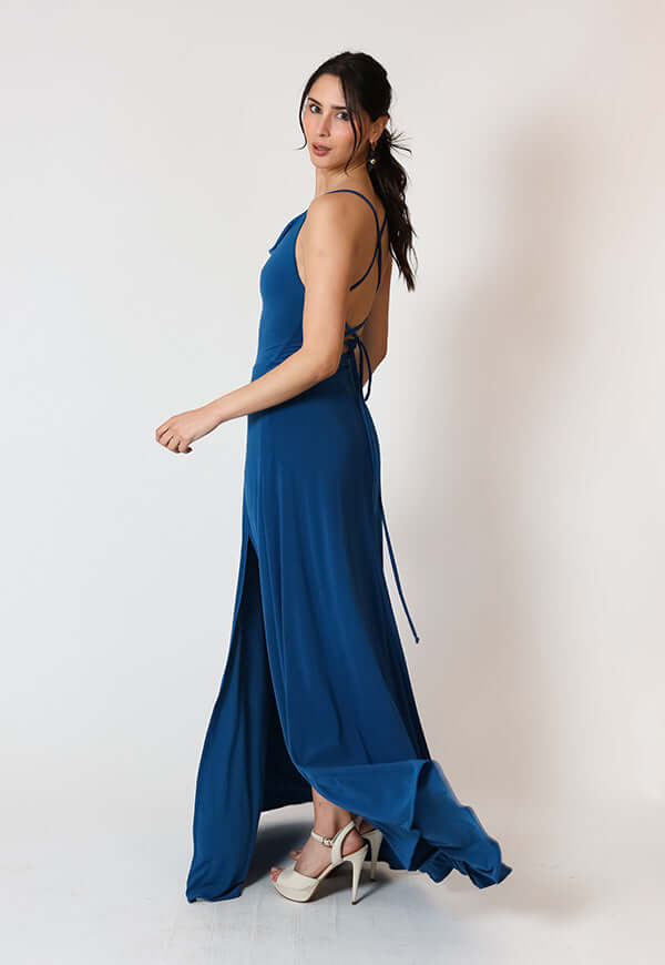 Vestido Zara Drapeado Tajo Azul Piedra Natalia Seguel, lateral (3) – diseño chileno de autor, Natalia Seguel