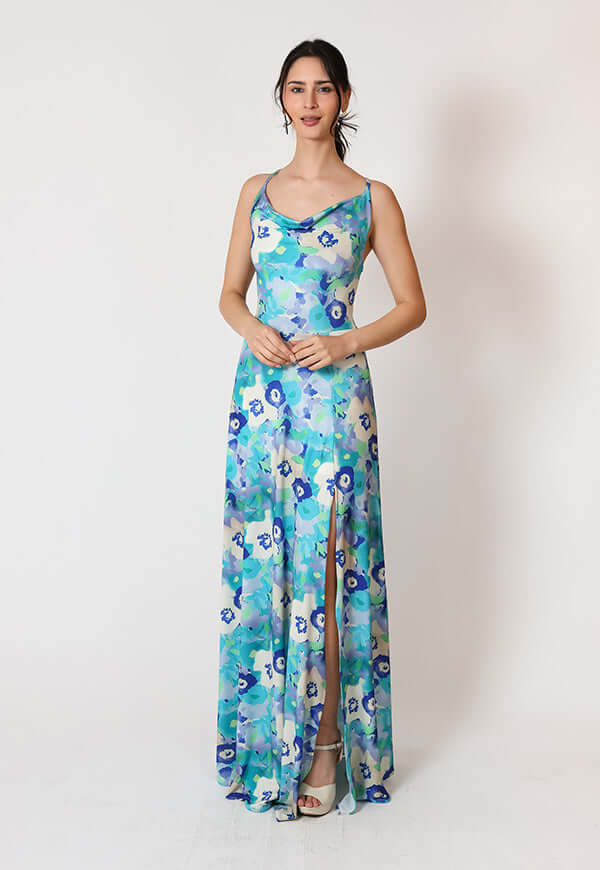 Vestido Zara Drapeado Tajo Turquesa Flores Natalia Seguel estampado flores, espalda – diseño chileno de autor, Natalia Seguel