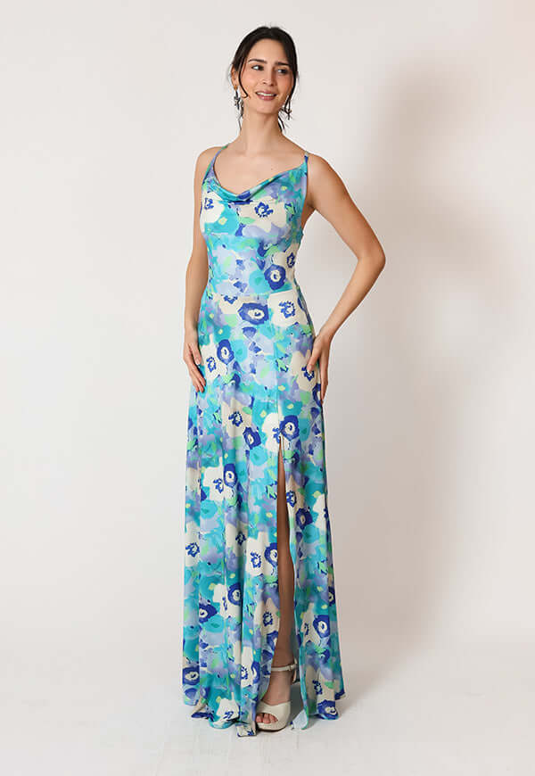 Vestido Zara Drapeado Tajo Turquesa Flores Natalia Seguel estampado flores, detalle de tela