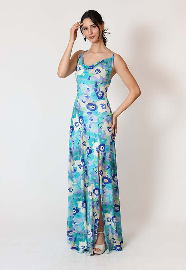 Vestido Zara Drapeado Tajo Turquesa Flores Natalia Seguel estampado flores, lateral – diseño chileno de autor, Natalia Seguel