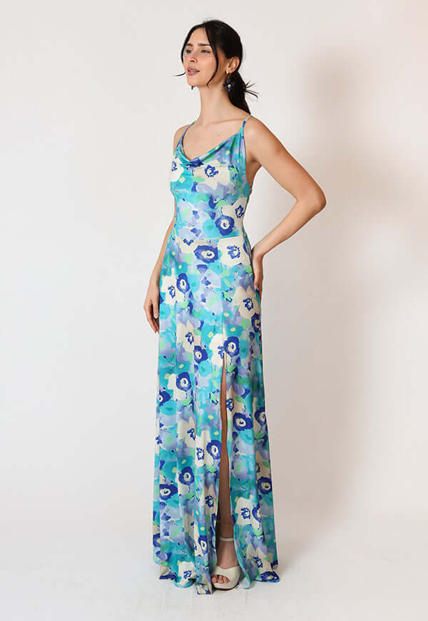 Vestido Zara Drapeado Tajo Turquesa Flores Natalia Seguel estampado flores, percha – diseño chileno de autor, Natalia Seguel