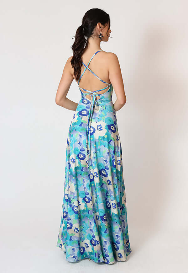 Vestido Zara Drapeado Tajo Turquesa Flores Natalia Seguel estampado flores, frente – diseño chileno de autor, Natalia Seguel