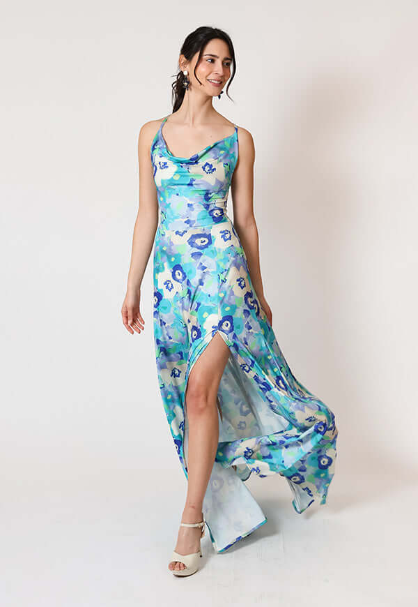 Vestido Zara Drapeado Tajo Turquesa Flores Natalia Seguel estampado flores, detalle de tela (2)