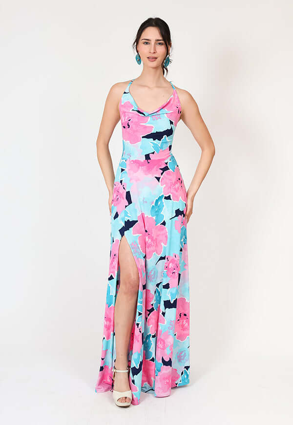 Vestido Zara Drapeado Tajo Turquesa Flores Fucsia | Natalia Seguel estampado flores, frente