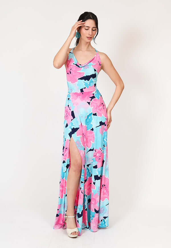 Vestido Zara Drapeado Tajo Turquesa Flores Natalia Seguel 1 estampado flores, lateral – diseño chileno de autor, Natalia Seguel