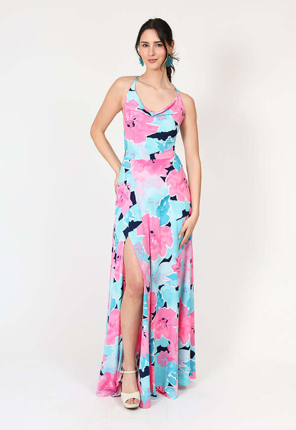 Vestido Zara Drapeado Tajo Turquesa Flores Natalia Seguel 1 estampado flores, detalle de tela