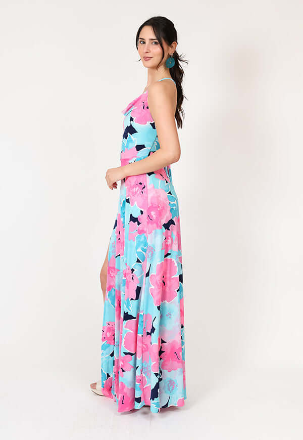 Vestido Zara Drapeado Tajo Turquesa Flores Natalia Seguel 1 estampado flores, percha – diseño chileno de autor, Natalia Seguel