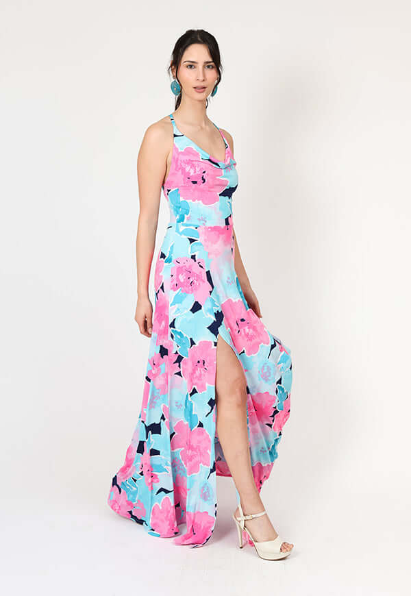 Vestido Zara Drapeado Tajo Turquesa Flores Natalia Seguel 1 estampado flores, lateral (2)