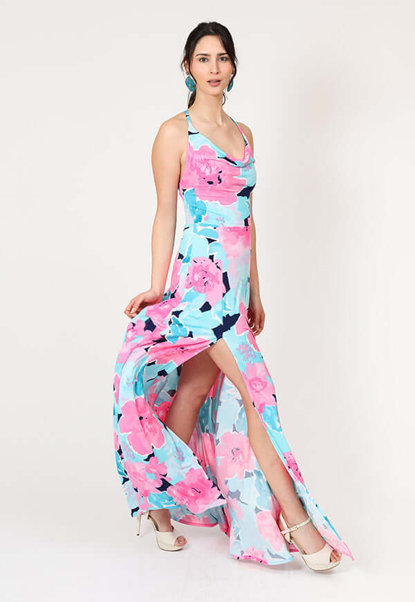 Vestido Zara Drapeado Tajo Turquesa Flores Natalia Seguel 1 estampado flores, espalda (2)