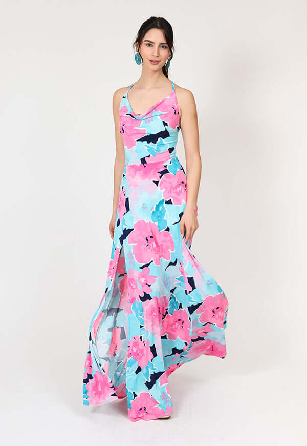 Vestido Zara Drapeado Tajo Turquesa Flores Natalia Seguel 1 estampado flores, detalle de tela (2)