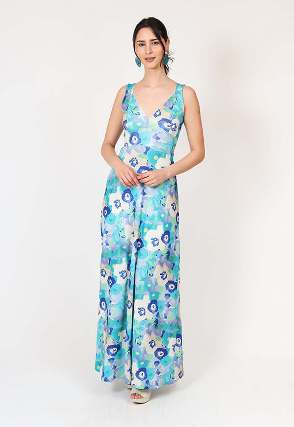 Vestido Vera Sin Mangas Turquesa Flores | Natalia Seguel estampado flores, frente – diseño chileno de autor, Natalia Seguel