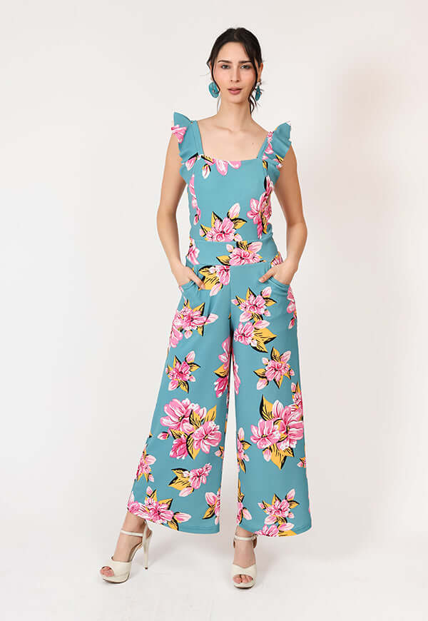 Enterito Mercedes Turquesa Flores - Diseño Chileno | Natalia Seguel estampado flores, frente