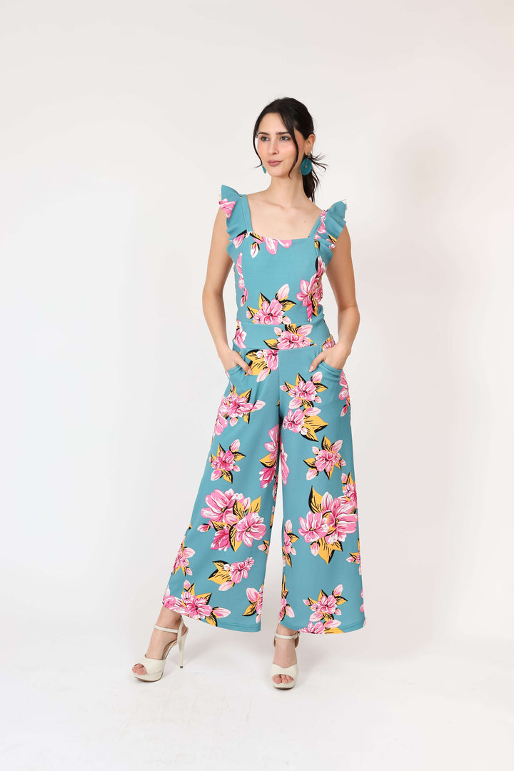 Enterito Mercedes Turquesa Flores Natalia Seguel estampado flores, lateral – diseño chileno de autor, Natalia Seguel