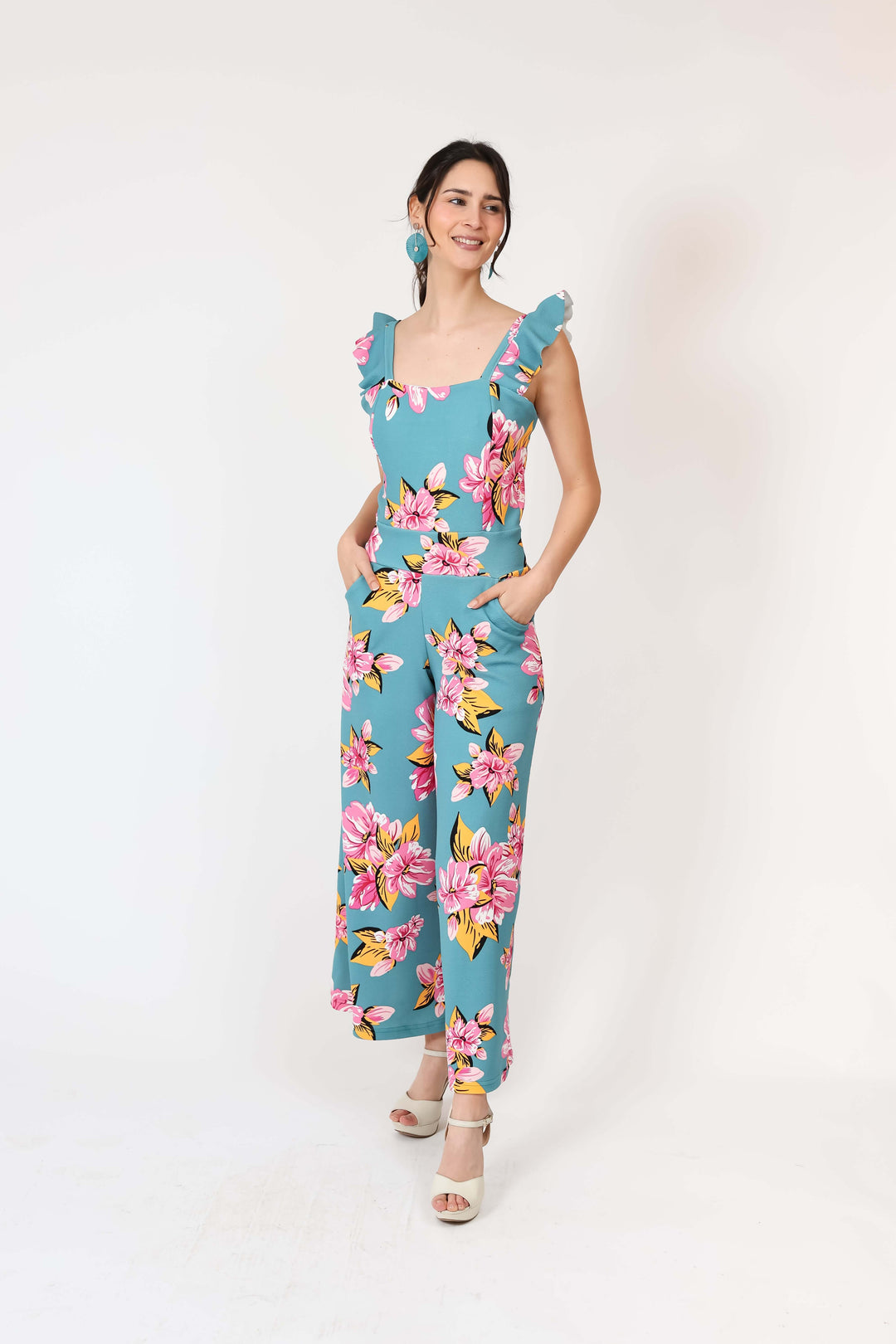 Enterito Mercedes Turquesa Flores Natalia Seguel estampado flores, espalda – diseño chileno de autor, Natalia Seguel