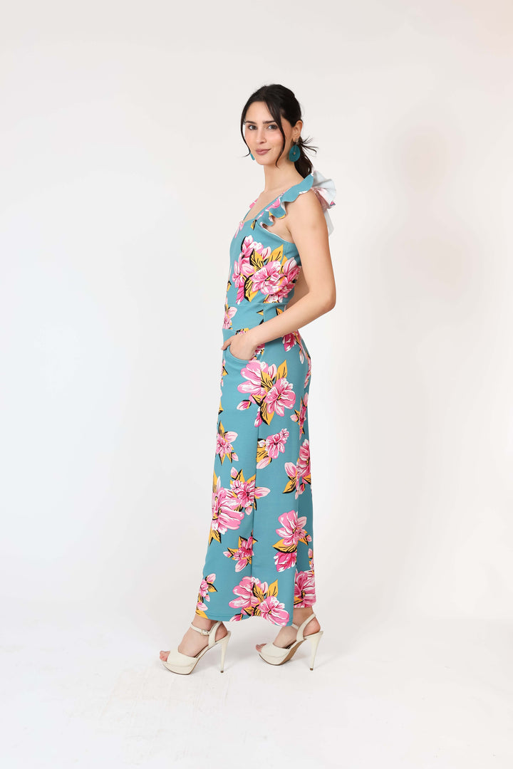 Enterito Mercedes Turquesa Flores Natalia Seguel estampado flores, detalle de tela – diseño chileno de autor, Natalia Seguel