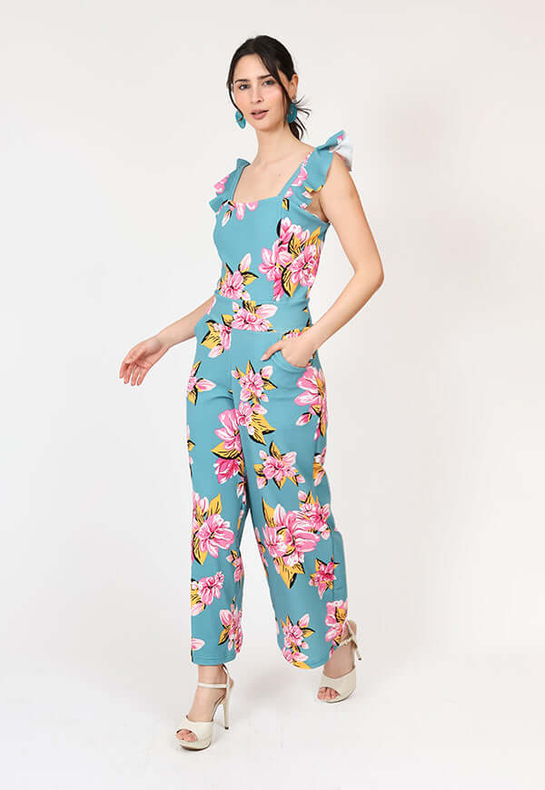 Enterito Mercedes Turquesa Flores Natalia Seguel estampado flores, frente – diseño chileno de autor, Natalia Seguel