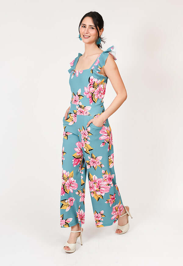 Enterito Mercedes Turquesa Flores Natalia Seguel estampado flores, lateral (2) – diseño chileno de autor, Natalia Seguel