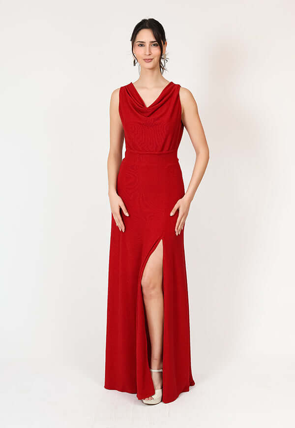 Vestido Drapeado Tajo Rojo Brillo Fiesta - Diseño Chileno | Natalia Seguel, frente – diseño chileno de autor, Natalia Seguel