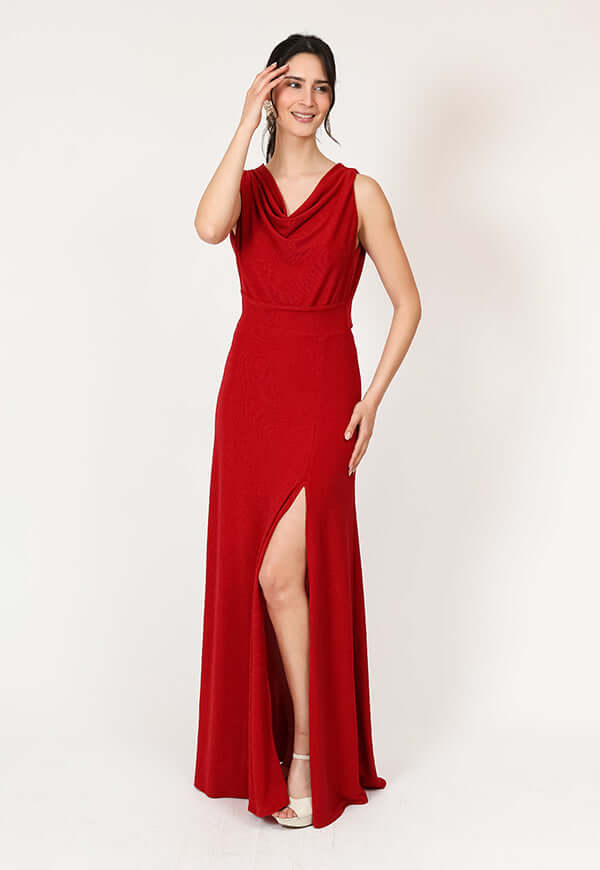 Vestido Drapeado Tajo Terracota Natalia Seguel, lateral – diseño chileno de autor, Natalia Seguel