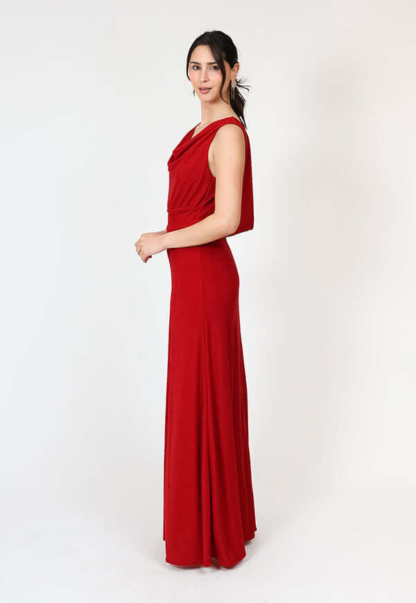 Vestido Drapeado Tajo Terracota Natalia Seguel, detalle de tela – diseño chileno de autor, Natalia Seguel