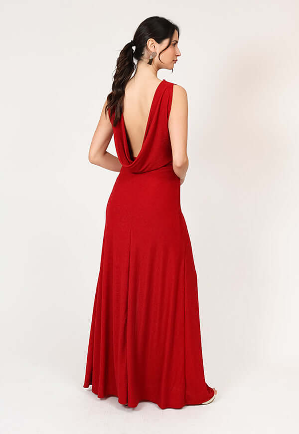 Vestido Drapeado Tajo Terracota Natalia Seguel, percha – diseño chileno de autor, Natalia Seguel