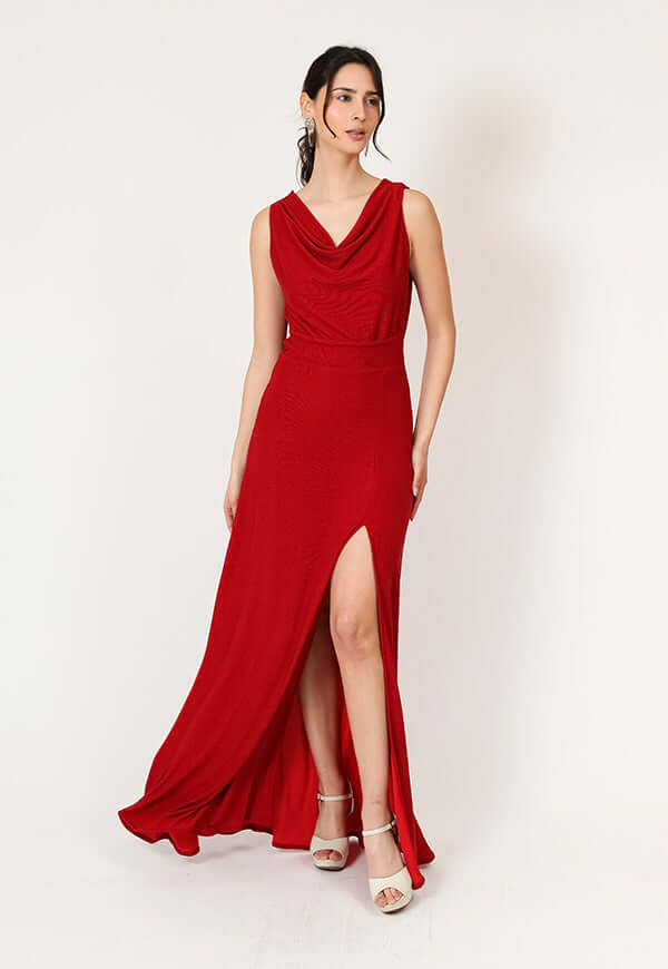 Vestido Drapeado Tajo Terracota Natalia Seguel, frente – diseño chileno de autor, Natalia Seguel