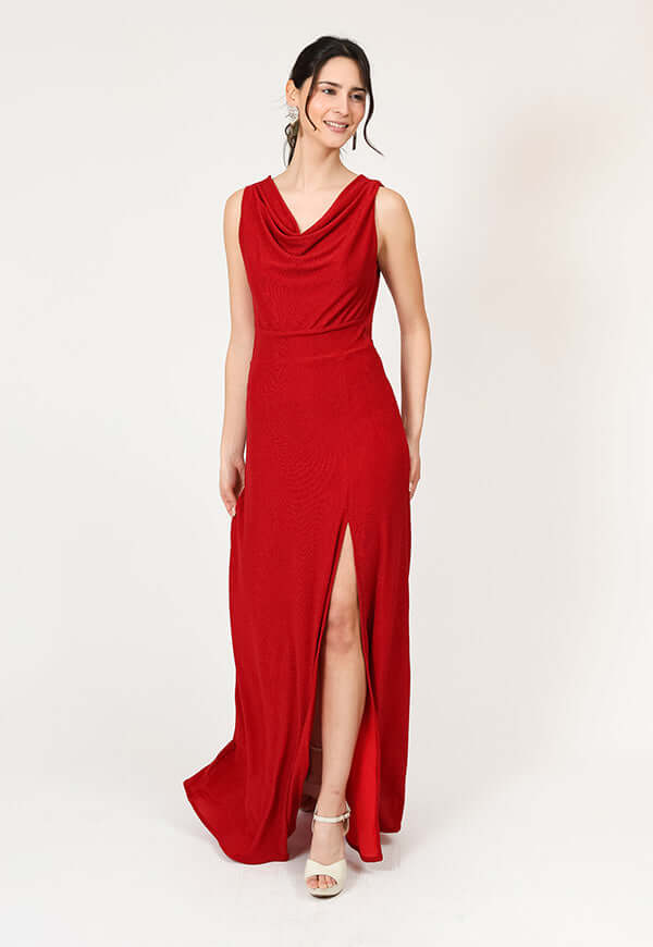 Vestido Drapeado Tajo Terracota Natalia Seguel, espalda (2) – diseño chileno de autor, Natalia Seguel