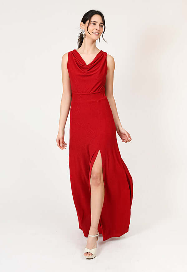 Vestido Drapeado Tajo Terracota Natalia Seguel, detalle de tela (2) – diseño chileno de autor, Natalia Seguel