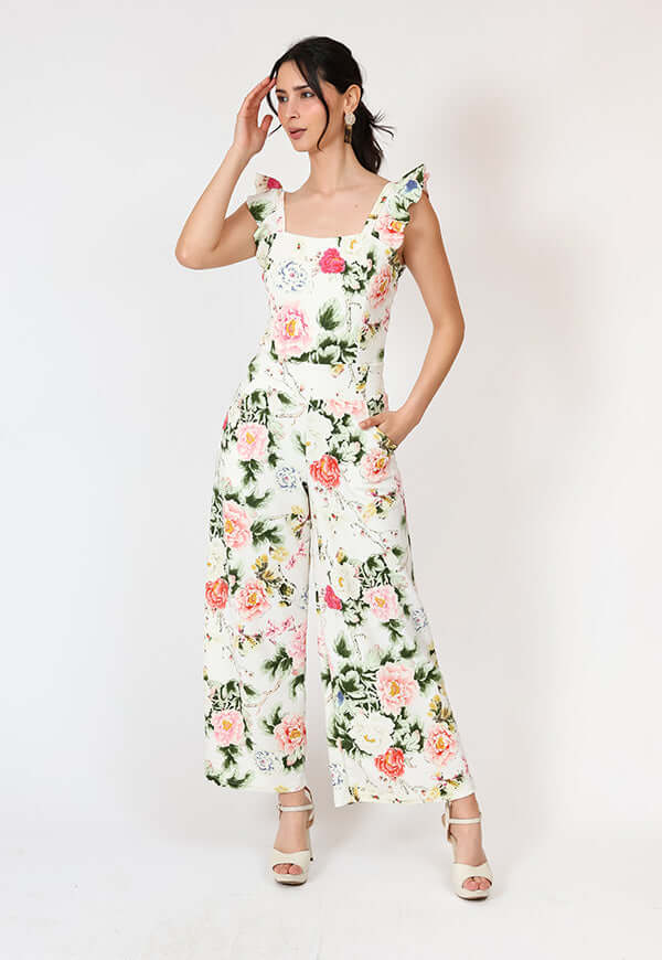 Enterito Mercedes Blanco Flores Natalia Seguel estampado flores, lateral – diseño chileno de autor, Natalia Seguel