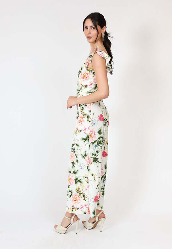 Enterito Mercedes Blanco Flores Natalia Seguel estampado flores, detalle de tela – diseño chileno de autor, Natalia Seguel