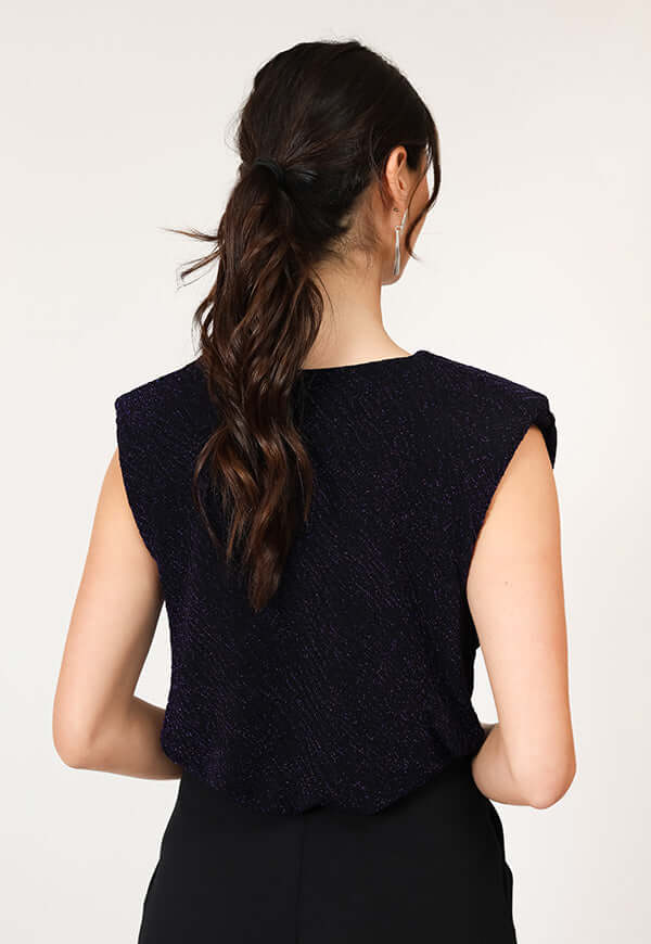 Polera Camile Negro Purpura Brillos Diseno Chileno Natalia Seguel lentejuelas, detalle de tela