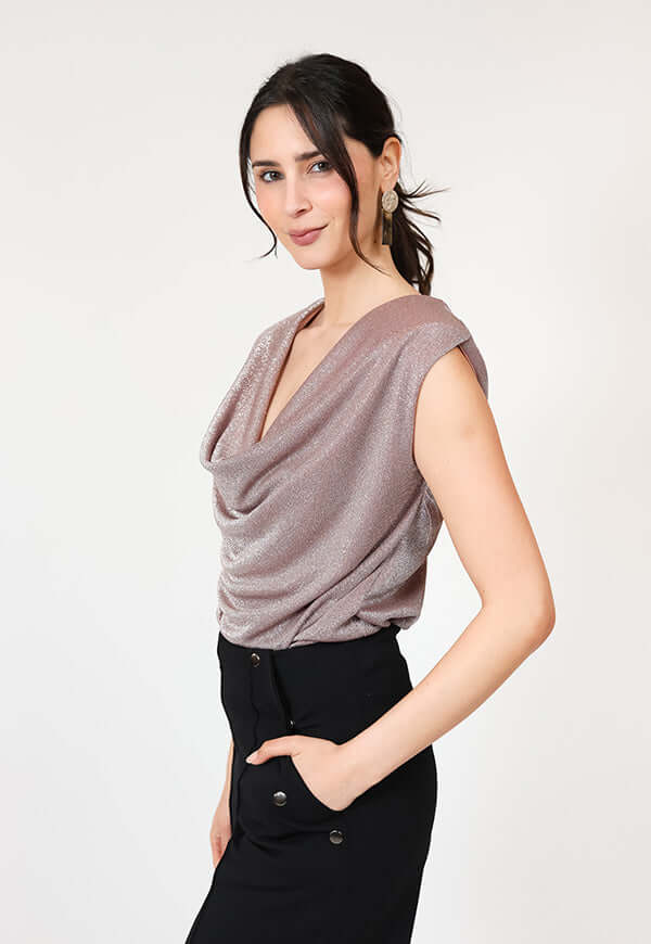 Polera Drapeada Rosa Brillos Fiesta Natalia Seguel lentejuelas, frente – diseño chileno de autor, Natalia Seguel