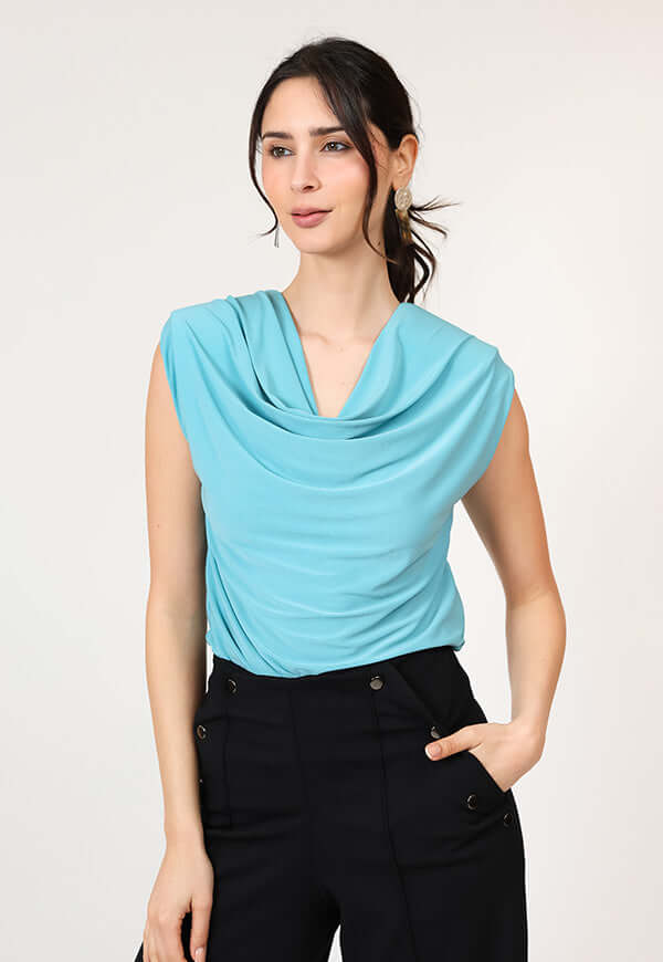 Polera Drapeada Turquesa Diseno Chileno Natalia Seguel, detalle de tela – diseño chileno de autor, Natalia Seguel