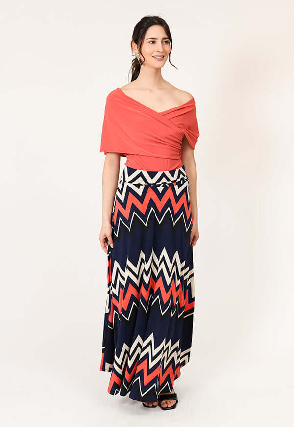 Falda Martina Azul Coral Zigzag Natalia Seguel, detalle de tela – diseño chileno de autor, Natalia Seguel