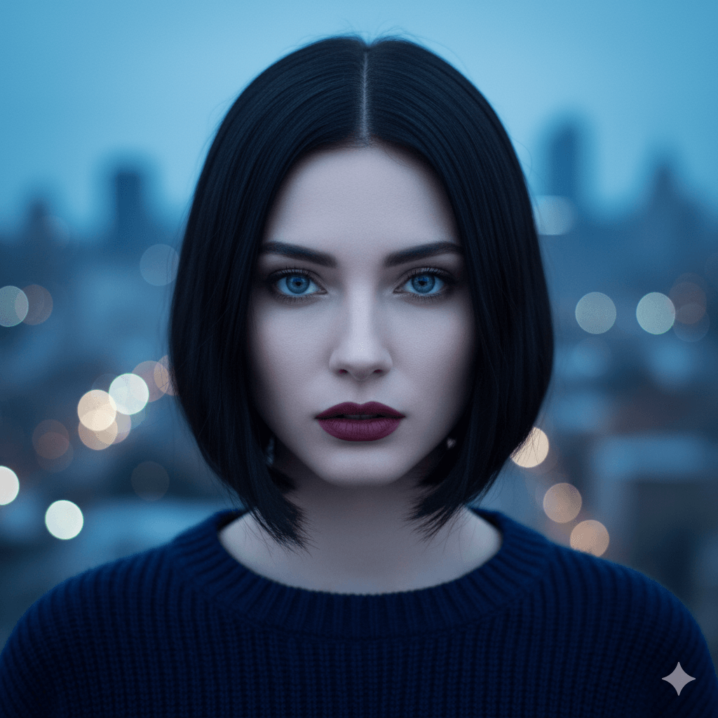 Rostro estación Invierno: alto contraste, ojos claros intensos; tonos fríos y blanco óptico.