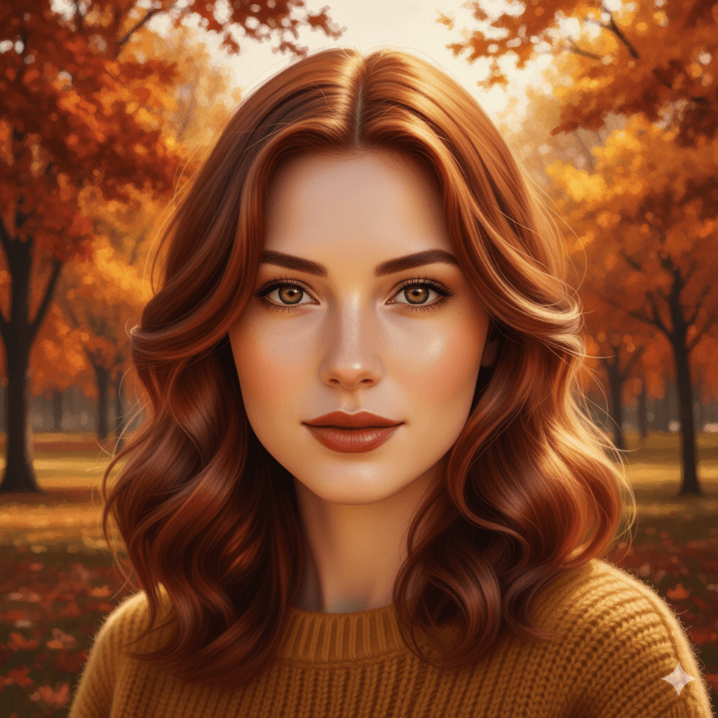 Rostro estación Otoño: subtono cálido, cabello cobrizo; favorece terracota y mostaza.