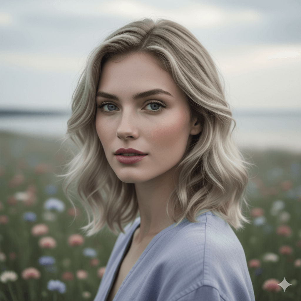 Rostro estación Verano: contraste suave, rubio frío; favorece lavanda y marfil frío.