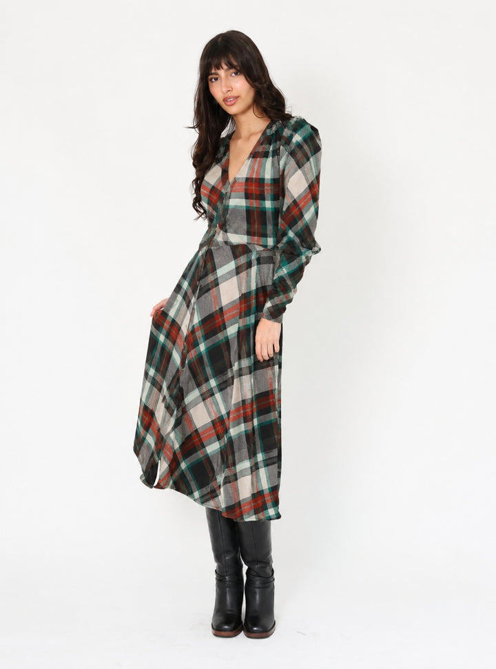 Vestido Mara Cuadrillé Café Verde – Vestido de Diseño Chileno