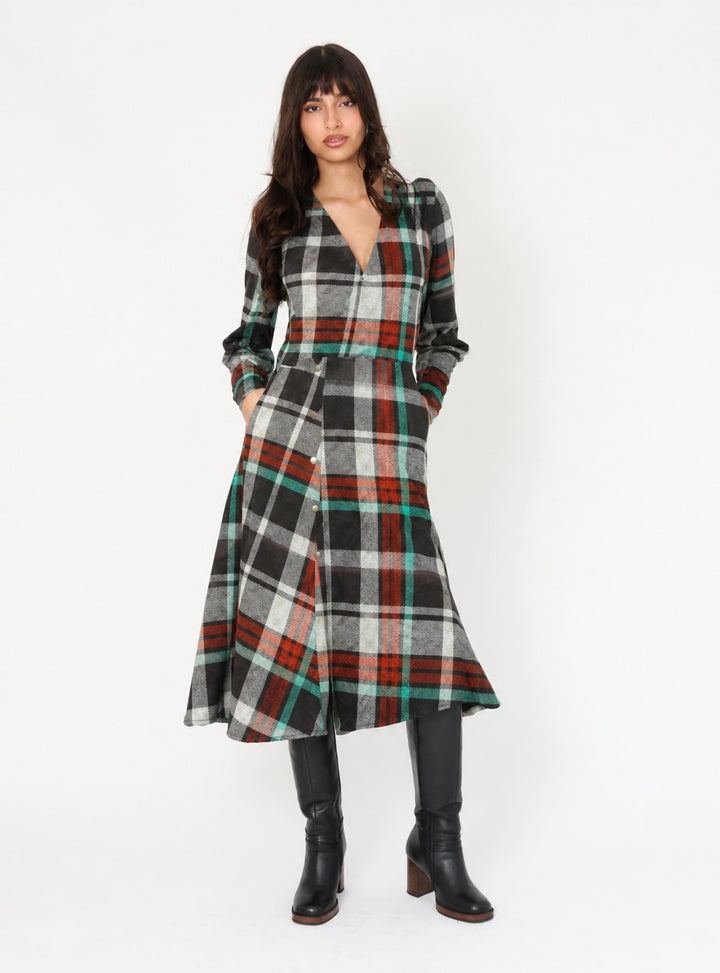 Vestido Mara Cuadrillé Café Verde – Vestido de Diseño Chileno