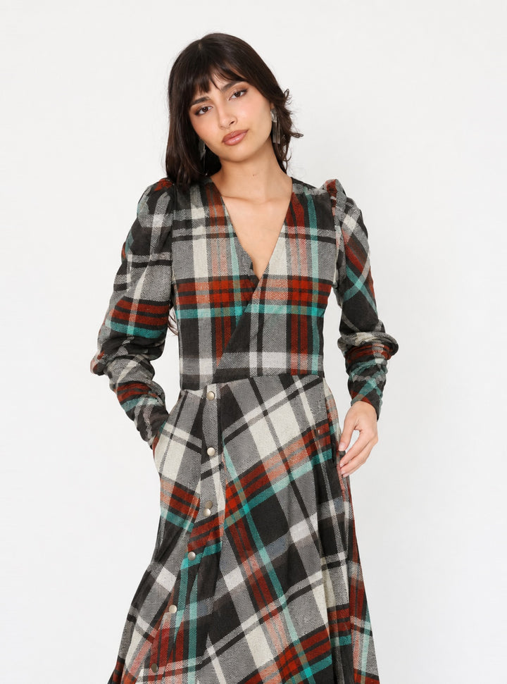 Vestido Mara Cuadrillé Café Verde – Vestido de Diseño Chileno